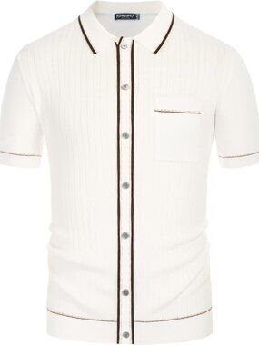 Men's White Short Sleeve 70s Vintage Polo Contrast Knit Retro Top Casual Shirt
